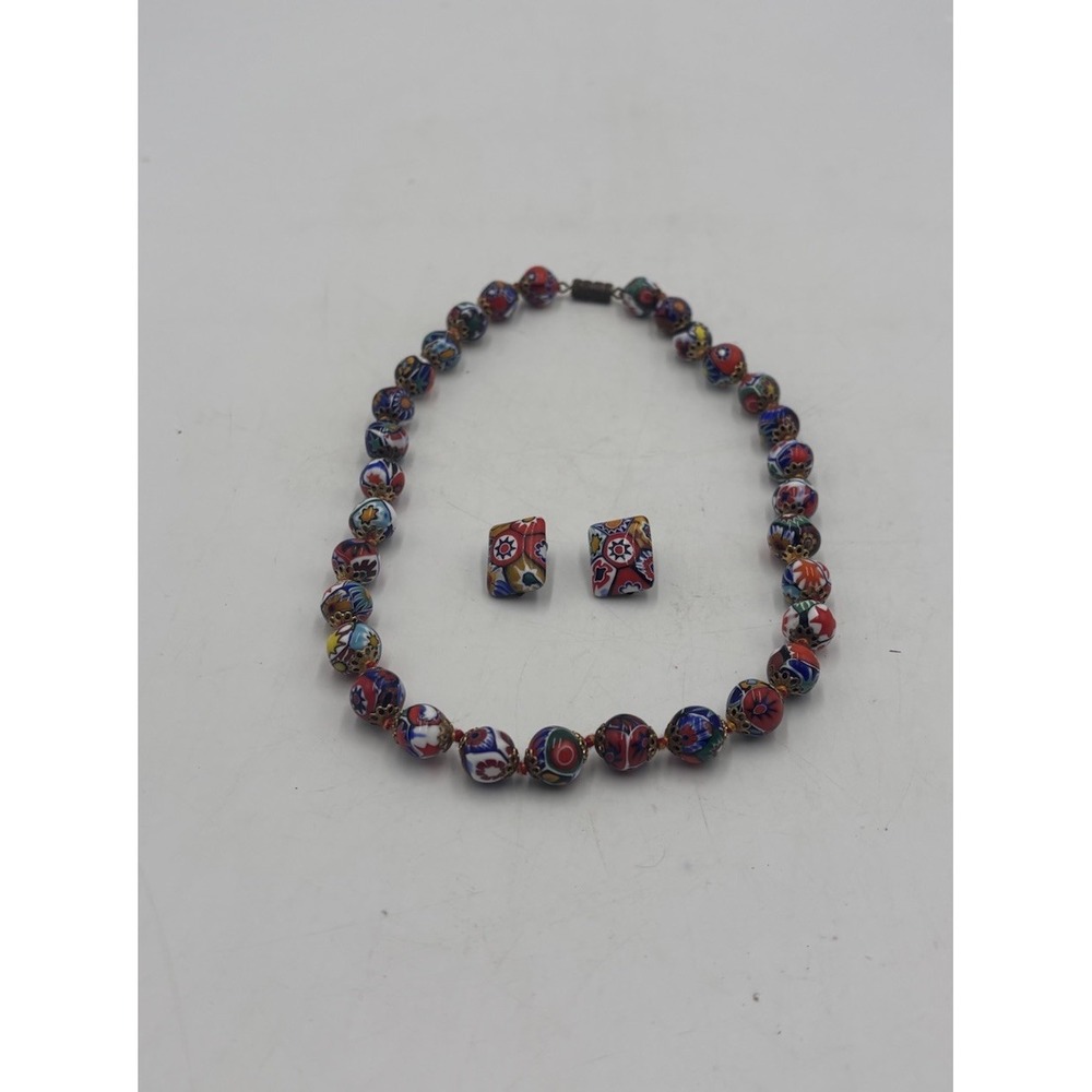 VTG Moretti Murano Millefiori Glass Bead Choker Necklace Earring Set Italy